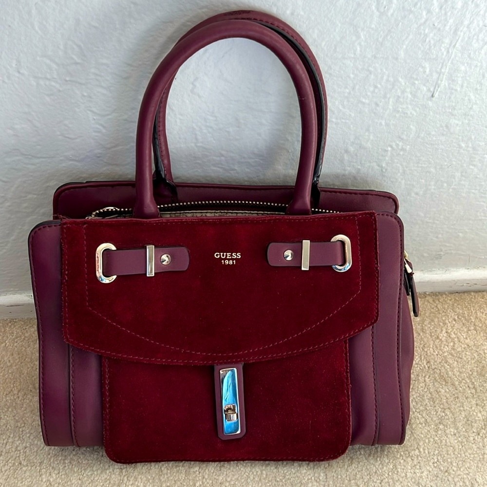 Authentic burgundy GUESS 1984 Leather Buckle Purse Hobo Handbag Satchel Tote